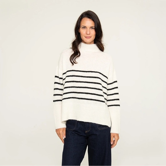 Alpaca Wool Mock Neck Sweater Ivory Black Stripe Sz S - Picture 1 of 8